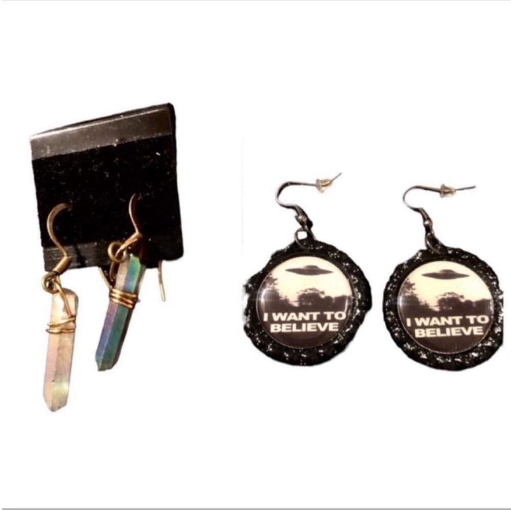 Handmade Retro UFO/Alien & Crystal Dangle Earrings Bundle Indie Kitsch New Age
